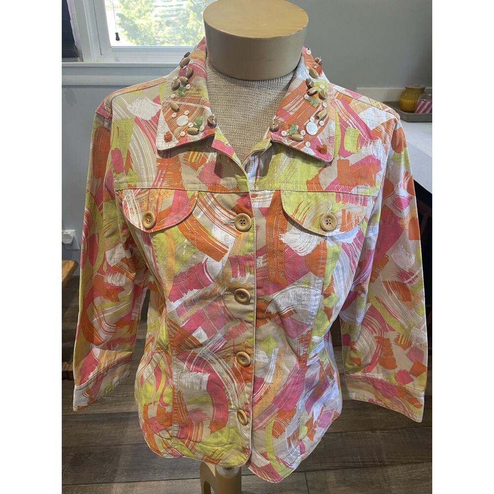 Ruby Rd Yellow Pink Orange Cotton Spandex Button Collar Embellishment Jacket 8